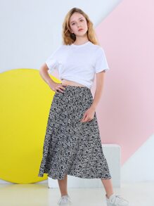 女大童休閒舒服滿版印花中長度洋裝