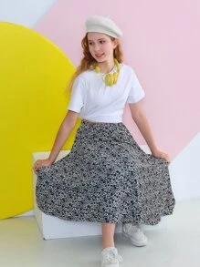 女大童休閒舒服滿版印花中長度洋裝