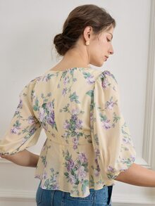 Simple Retro Áo sơ mi nữ Cắt ra Viên lá sen Hoa Tất cả trên in Boho - Màu be - Xem 2