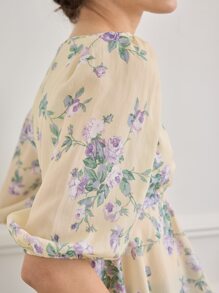 Simple Retro Áo sơ mi nữ Cắt ra Viên lá sen Hoa Tất cả trên in Boho - Màu be - Xem 3