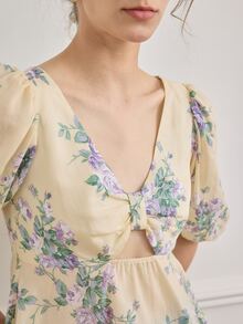 Simple Retro Áo sơ mi nữ Cắt ra Viên lá sen Hoa Tất cả trên in Boho - Màu be - Xem 4