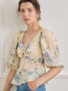 Simple Retro Áo sơ mi nữ Cắt ra Viên lá sen Hoa Tất cả trên in Boho - Màu be - Xem 5