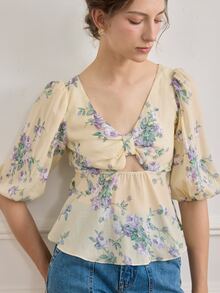 Simple Retro Áo sơ mi nữ Cắt ra Viên lá sen Hoa Tất cả trên in Boho - Màu be - Xem 6