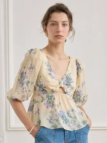 Simple Retro Áo sơ mi nữ Cắt ra Viên lá sen Hoa Tất cả trên in Boho - Màu be - Xem 7