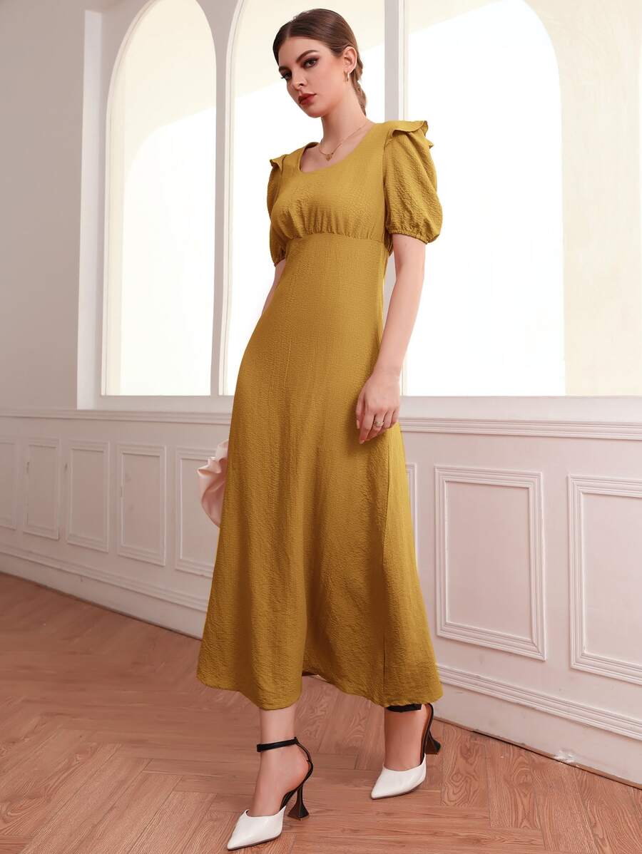 Modelyn Scoop Neck Ruffle Trim Puff Sleeve Dress - Mustard Yellow - View 1