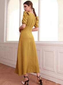 Modelyn Vestido de cuello scoop ribete con fruncido de manga farol - Mostaza Amarilla - Ver 2