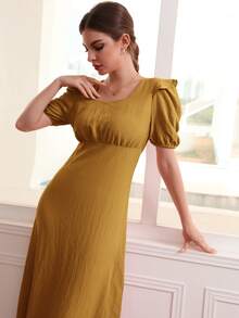 Modelyn Vestido de cuello scoop ribete con fruncido de manga farol - Mostaza Amarilla - Ver 3