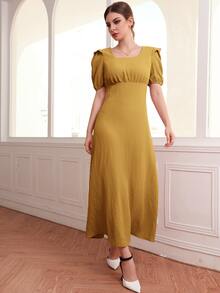 Modelyn Vestido de cuello scoop ribete con fruncido de manga farol - Mostaza Amarilla - Ver 4