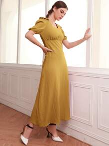 Modelyn Vestido de cuello scoop ribete con fruncido de manga farol - Mostaza Amarilla - Ver 5