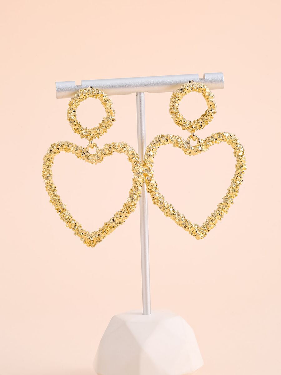 Pendientes largos con textura con corazón - Amarillo Oro - Ver 1