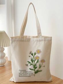 Túi mua sắm đồ họa hoa & khẩu hiệu sức chứa lớn, túi tote đa chức năng Ngoài trời, thể thao, đi chơi, túi tote canvas mua sắm - Màu be - Xem 1