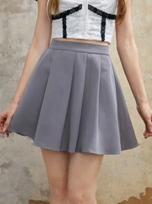 ROMWE J-Fashion Solid Pleated Skirt - Grey - View 1
