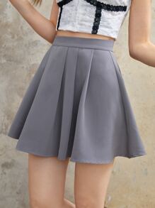 ROMWE J-Fashion Solid Pleated Skirt - Grey - View 4