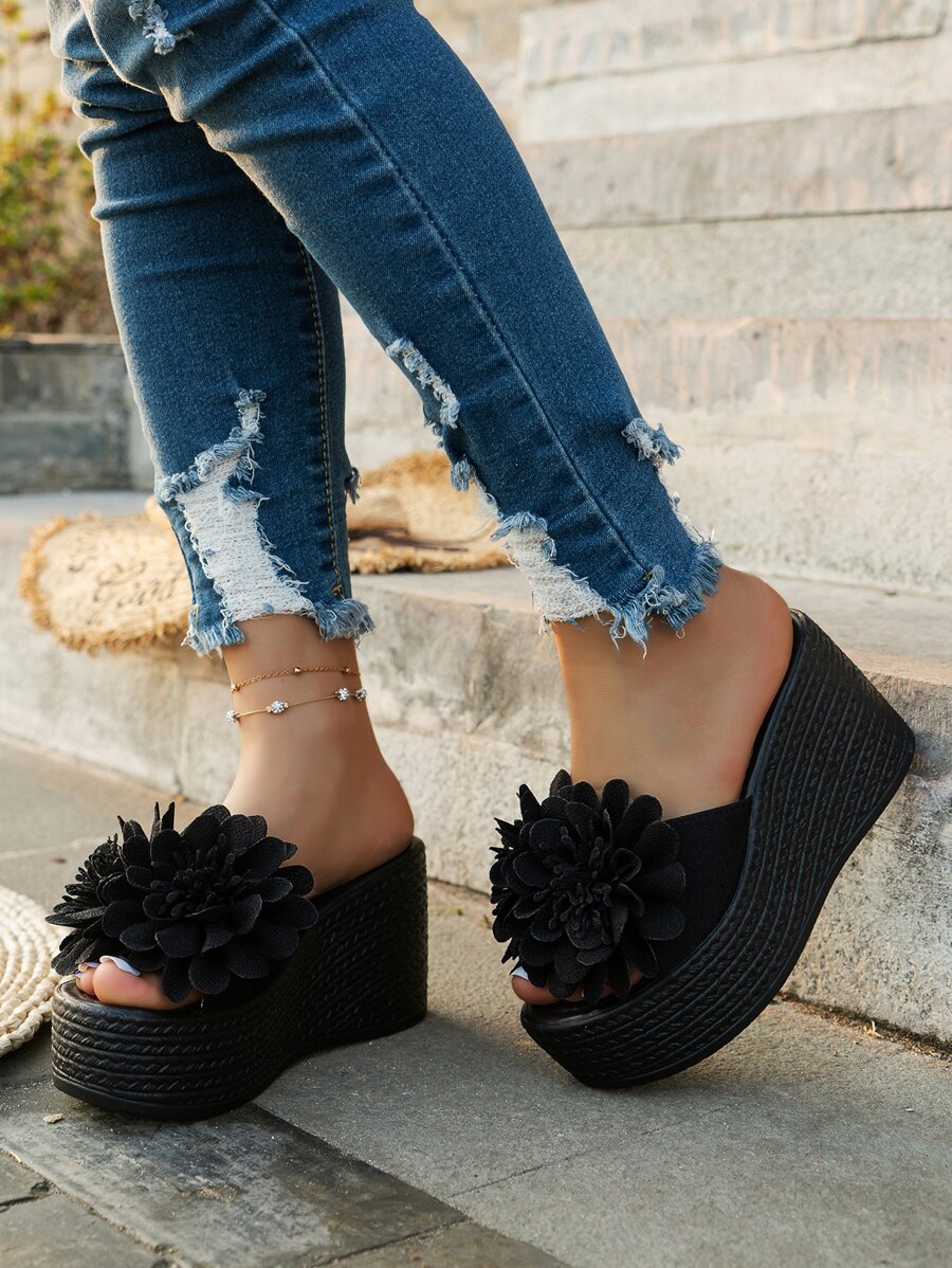 Women Flower Decor Sandals, Vacation Black Canvas Wedge Slide Sandals - Black - View 1