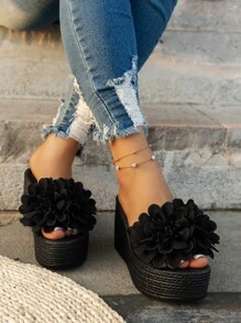Women Flower Decor Sandals, Vacation Black Canvas Wedge Slide Sandals - Black - View 2