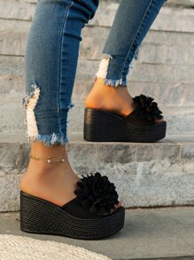 Women Flower Decor Sandals, Vacation Black Canvas Wedge Slide Sandals - Black - View 3