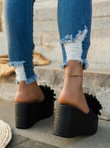 Women Flower Decor Sandals, Vacation Black Canvas Wedge Slide Sandals - Black - View 4
