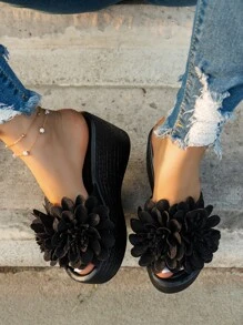 Women Flower Decor Sandals, Vacation Black Canvas Wedge Slide Sandals - Black - View 5