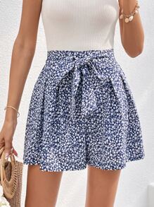 Soleia 碎花腰帶闊腿短褲 - 藍白色 - 查看 1