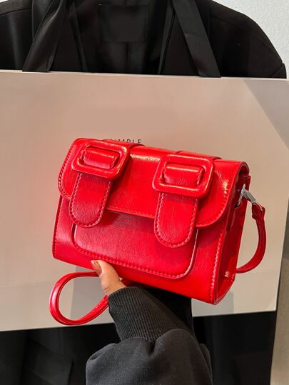Mini Neon Red Buckle Decor Flap Square Bag