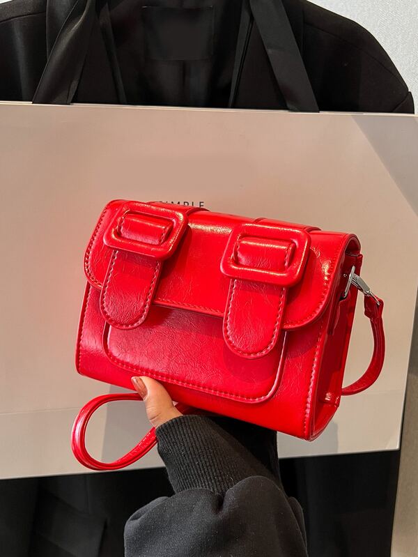 Mini Neon Red Buckle Decor Flap Square Bag