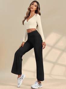 Yoga Basic Solid Flare Leg Sports Trousers - Black - View 3