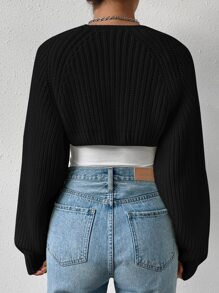 SHEIN EZwear Women's Black Casual 1pc Ribbed Knit Batwing Sleeve Shrug Cardigan,Long Sleeve Tops