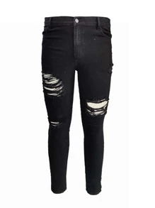 GENTILAND Men Plus Ripped Skinny Jeans - Black - View 1