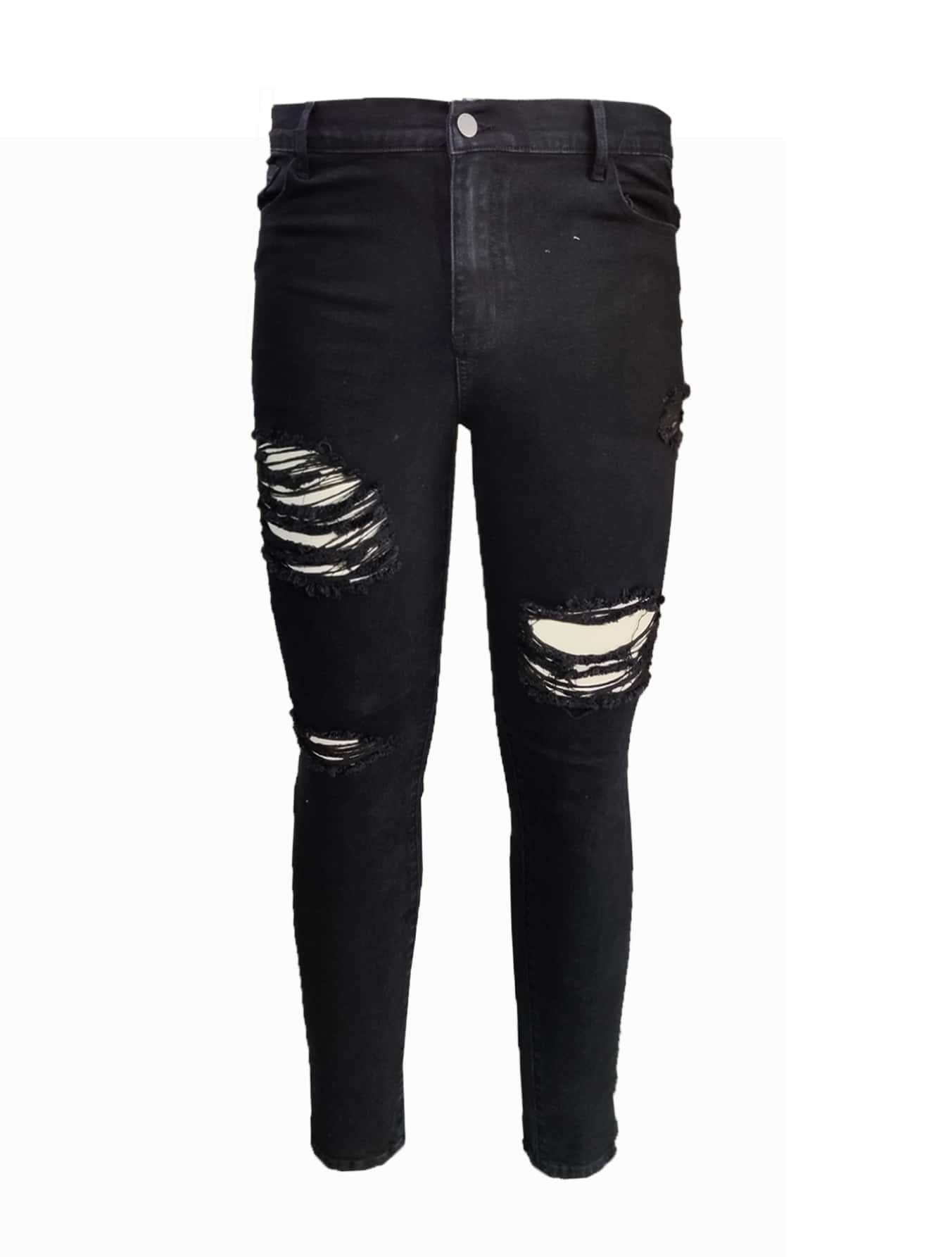 GENTILAND Men Plus Ripped Skinny Jeans - Black - View 1