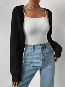 SHEIN EZwear Women's Black Casual 1pc Ribbed Knit Batwing Sleeve Shrug Cardigan,Long Sleeve Tops