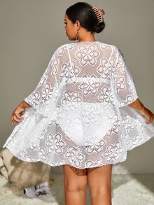 SHEIN Swim Curve Plus Floral Lace Drop Shoulder Kimono - White - View 2