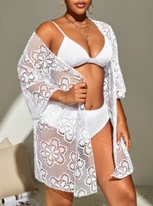 SHEIN Swim Curve Plus Floral Lace Drop Shoulder Kimono - White - View 5
