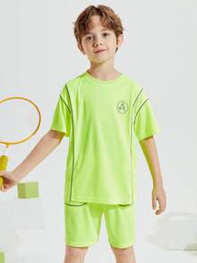 Boys Letter Graphic Contrast Piping Tee & Shorts - Lime Green - View 1