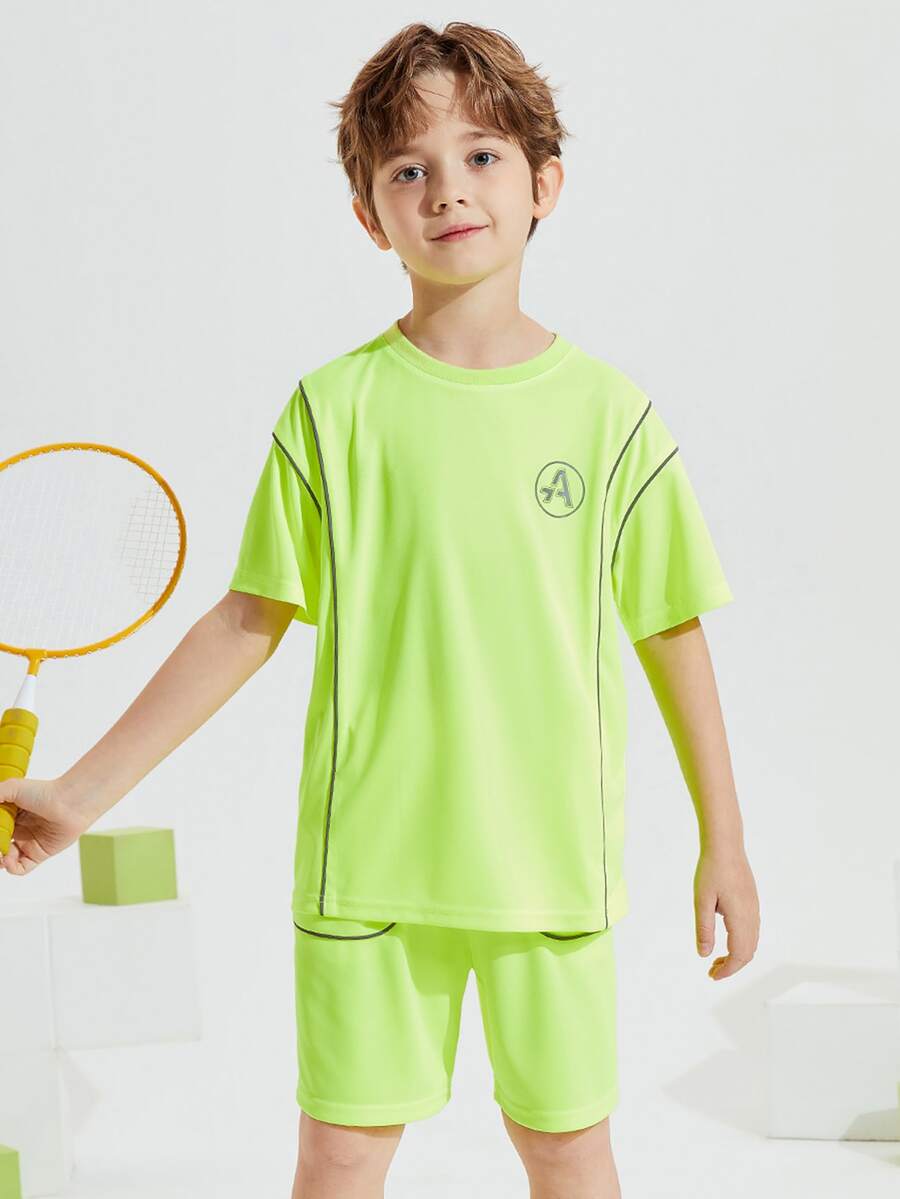 Boys Letter Graphic Contrast Piping Tee & Shorts - Lime Green - View 1