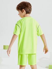Boys Letter Graphic Contrast Piping Tee & Shorts - Lime Green - View 2