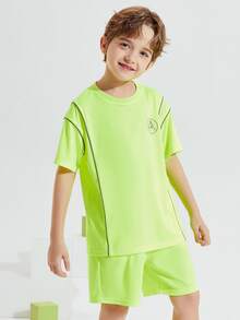 Boys Letter Graphic Contrast Piping Tee & Shorts - Lime Green - View 3