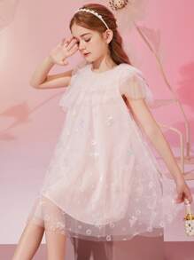 ASK JUNIOR 青少年女孩亮片裝飾網紗覆蓋連衣裙 - 淺粉色 - 查看 2