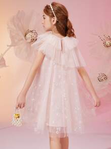 ASK JUNIOR 青少年女孩亮片裝飾網紗覆蓋連衣裙 - 淺粉色 - 查看 3