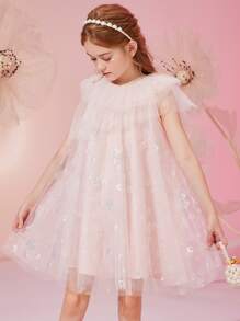 ASK JUNIOR 青少年女孩亮片裝飾網紗覆蓋連衣裙 - 淺粉色 - 查看 1