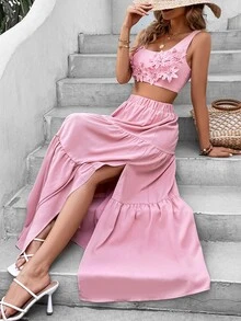 SHEIN VCAY Solid Ruffle Appliques Crop Tank Top & Split Thigh Skirt Without Belt - Pink - View 2
