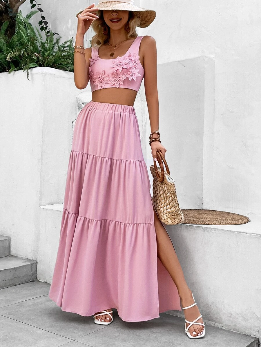 SHEIN VCAY Solid Ruffle Appliques Crop Tank Top & Split Thigh Skirt Without Belt - Pink - View 1