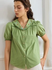 Simple Retro 花卉刺繡泡泡袖襯衫 - 綠色 - 查看 3