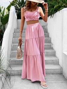 SHEIN VCAY Solid Ruffle Appliques Crop Tank Top & Split Thigh Skirt Without Belt - Pink - View 4