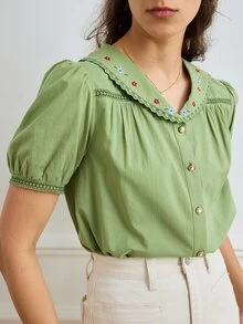 Simple Retro 花卉刺繡泡泡袖襯衫 - 綠色 - 查看 5