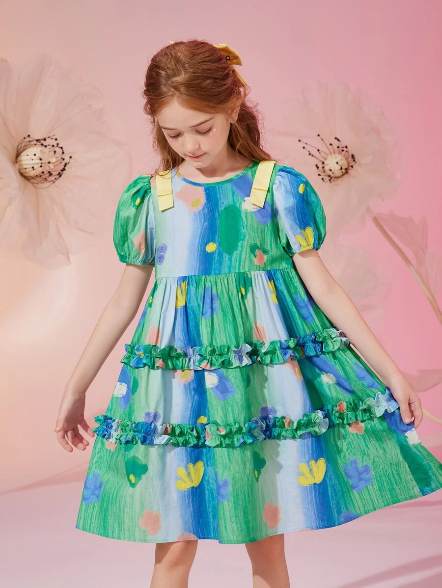 女孩筆刷圖案泡泡袖荷葉邊連衣裙 - 彩色 - 查看 1