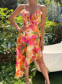 SHEIN VCAY Floral Print Ruffle Trim Cami Dress - Multicolor - View 6