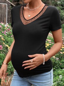 SHEIN 孕婦網紗拼接T恤 - 黑色 - 查看 1