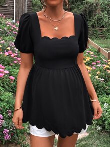 SHEIN Grossesse T-shirt À Col Carré Manches Bouffantes Festonné À Volants - Noir - Voir 1