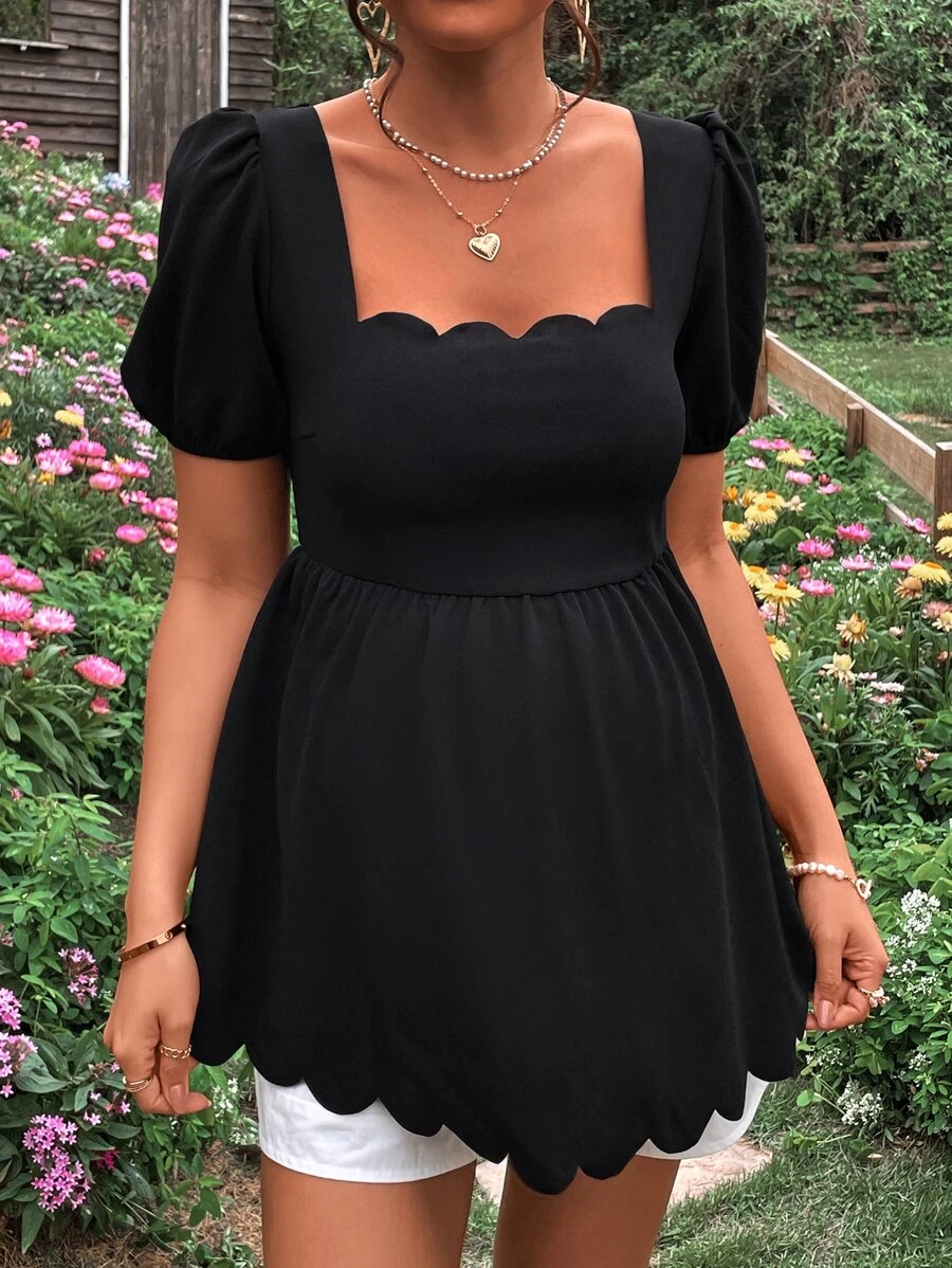 SHEIN Grossesse T-shirt À Col Carré Manches Bouffantes Festonné À Volants - Noir - Voir 1