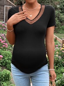 SHEIN 孕婦網紗拼接T恤 - 黑色 - 查看 3